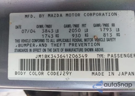 2004 Mazda Mazda3 S from USA, damaged, VIN JM1BK343641206349